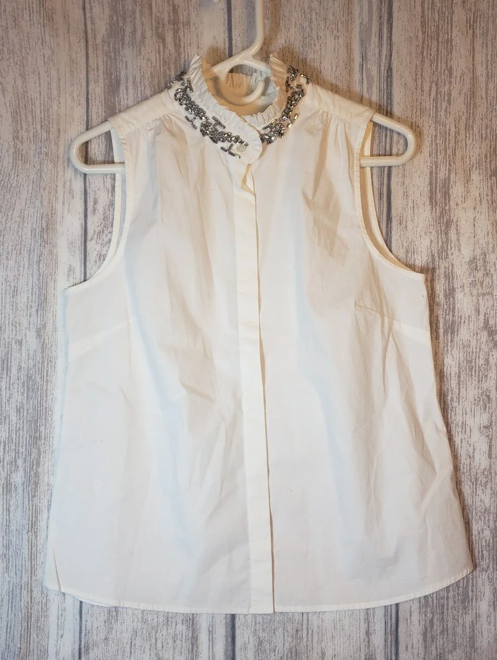 J. Crew Sleeveless White Cotton Button-Front Shirt with Embellished Collar Sz 8